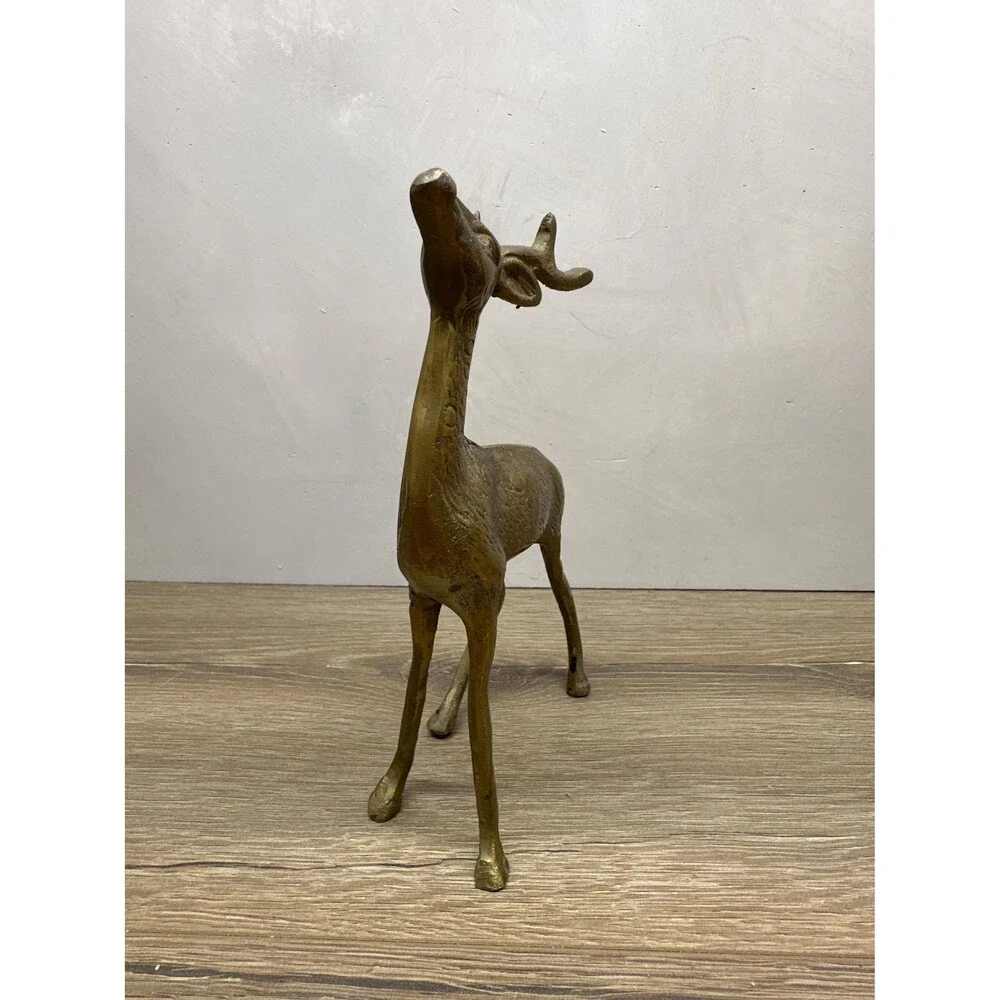 Vintage MCM Solid Brass Spotted Deer Figurine, Christmas Reindeer Decor, 6.5x5 I